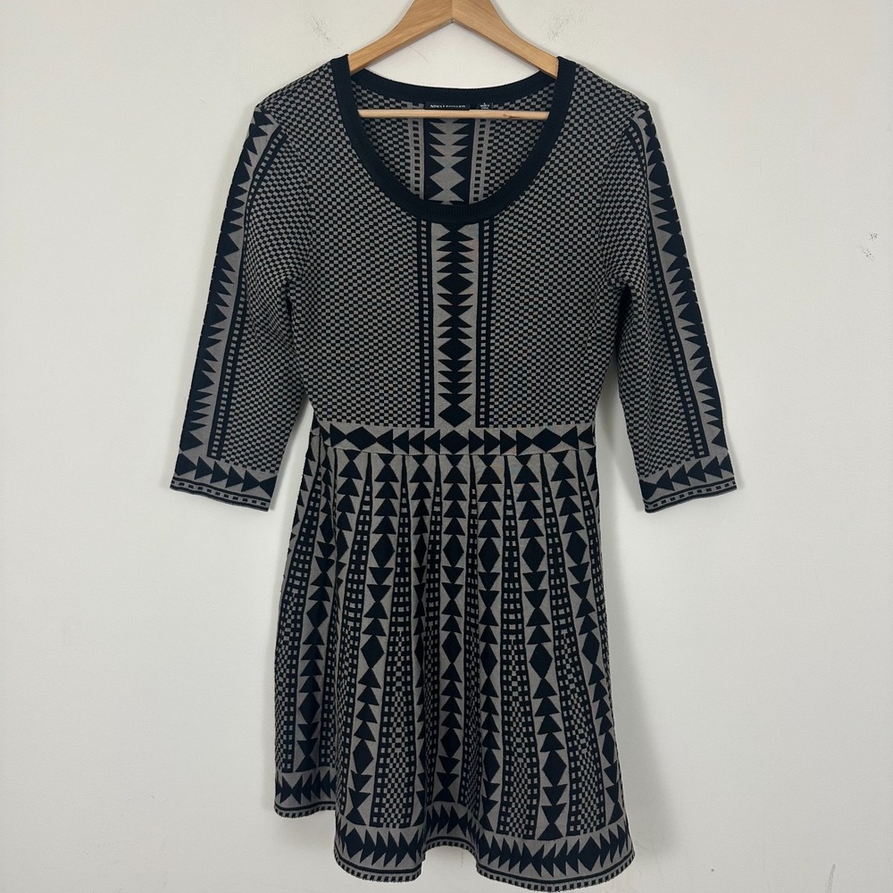 Nina Leonard Sweater Dress Black Geometric Preppy Checkered Aztec Womens Large
